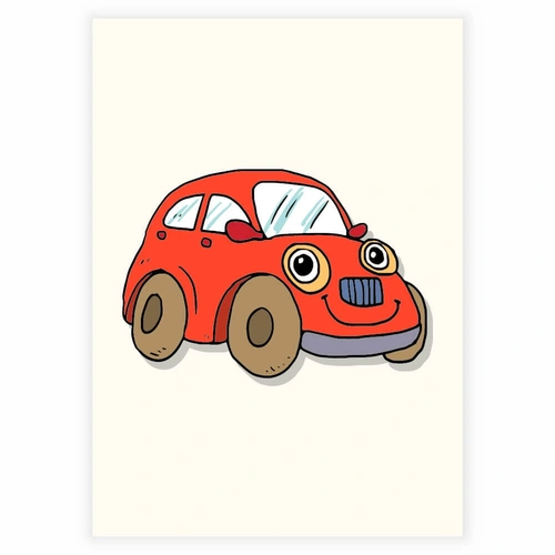 Söt och rolig röd bil med ögon som affisch för barnrummet