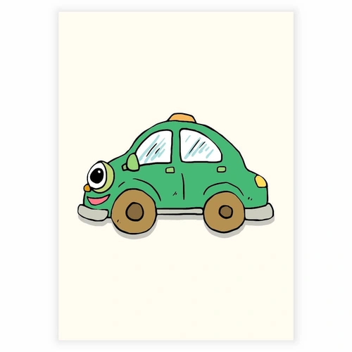 Söt och rolig grön bil med ögon som affisch för barnrummet