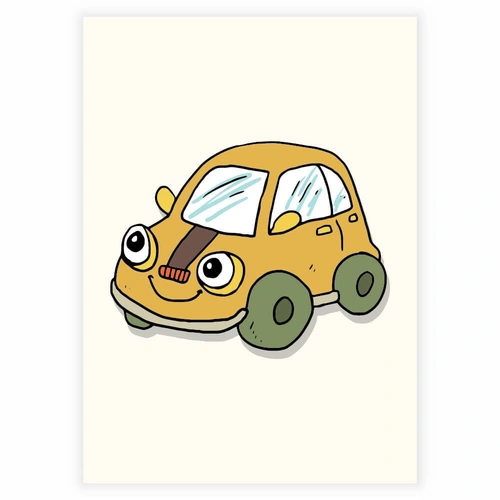 Söt och rolig gul bil med ögon som affisch till barnrummet