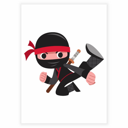 Rolig ninja i svart gör karatesparkar - barnaffisch