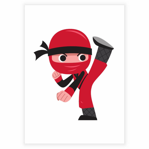 Rolig röd ninja som gör karatesparkar - barnaffisch