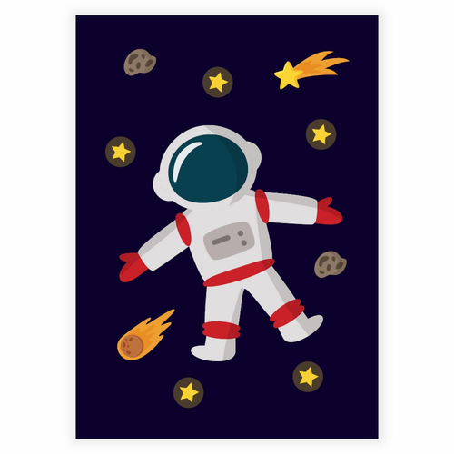 Flygande astronaut i rymden affisch för barnrummet
