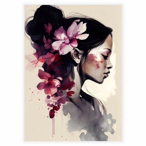 Vacker asiatisk kvinna med blommor affisch
