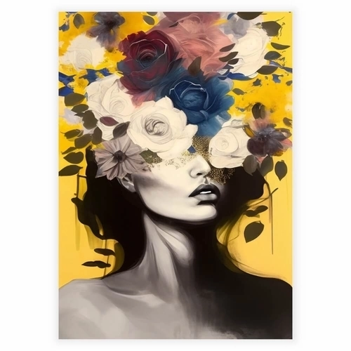 Vacker kvinna med blommor hår affisch i nyanser av gult