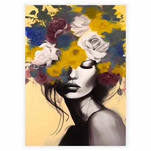 Vacker kvinna med gula blommor hår affisch