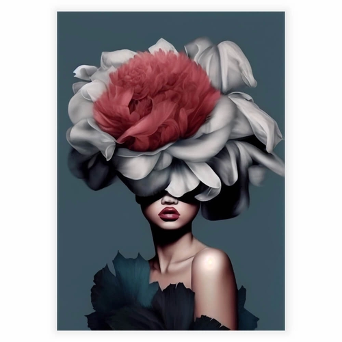 Vackra röda blommor i kvinnans hår som en affisch