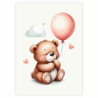 Brun nallebjörn med rosa ballong - Affisch