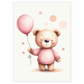 Nallebjörn med rosa ballong och prickar - Affisch