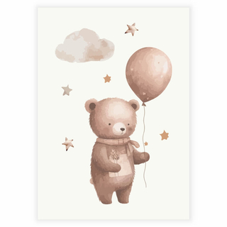 Brunbjörn med ballong och moln - affisch