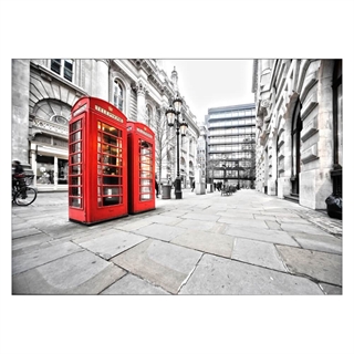 Affisch med Londons populära röda telefonkiosker i grå nyanser