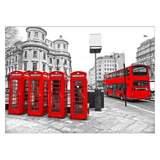 Affisch med röd telefonkiosk och buss från london