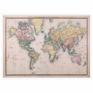 Affisch med en handmålad världskarta från 1860