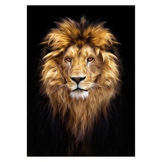 Affisch med ett lejonhuvud i skarpa färger.