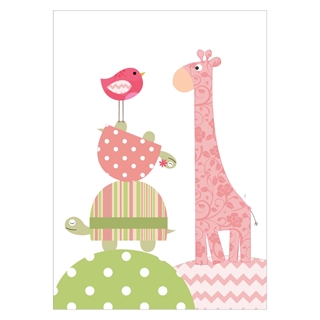 Affisch för barnrummet med giraff, sköldpadda och fåglar. Perfekt för tjejrummet