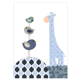 Barnaffisch med giraff och fåglar i blå och mörkblå färger