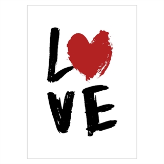 Affisch med kärlek och hjärta på vit bakgrund.