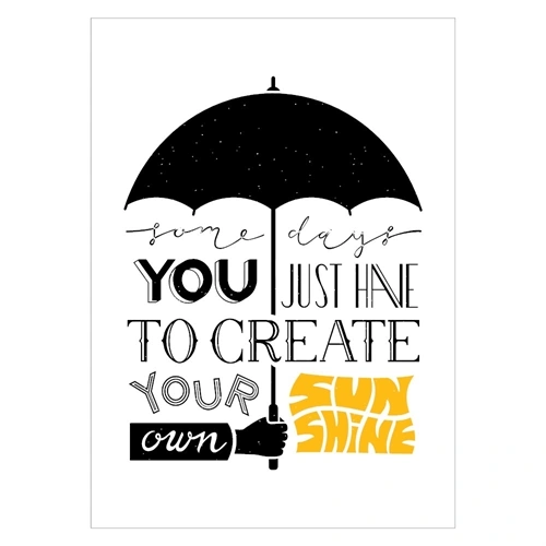 Affisch med text Några dagar och ett paraply med svart och gul text