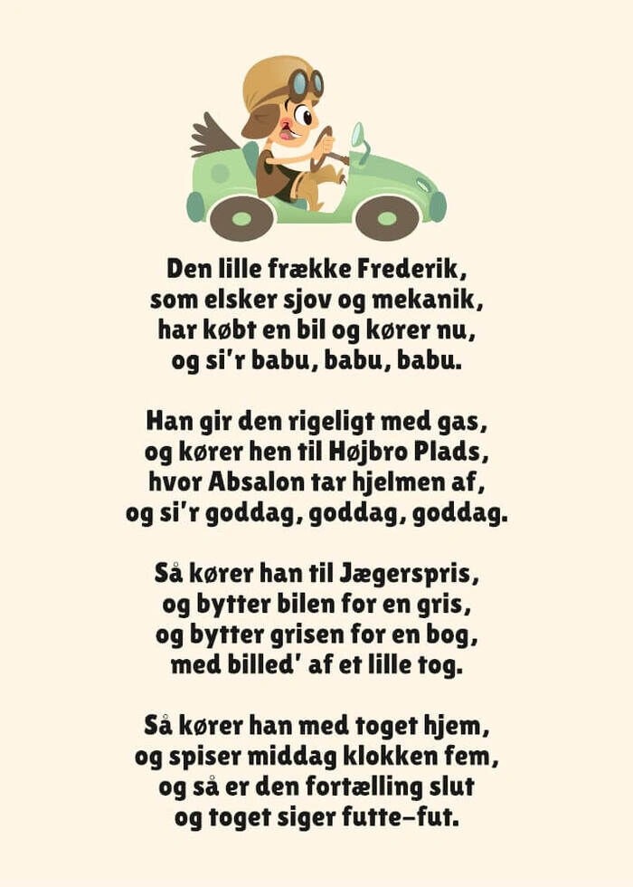 Barnaffisch med text om lilla busiga Frederik