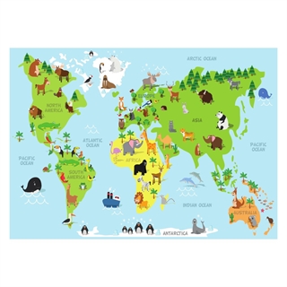 Barnaffisch med världskarta och söta djur