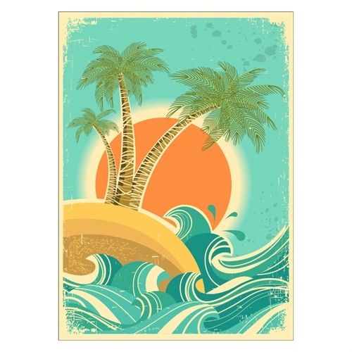 Affisch med motiv av en solnedgång och öde ö