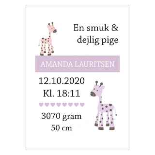 Födelseaffisch med giraff för flicka med namn, vikt, cm och tid