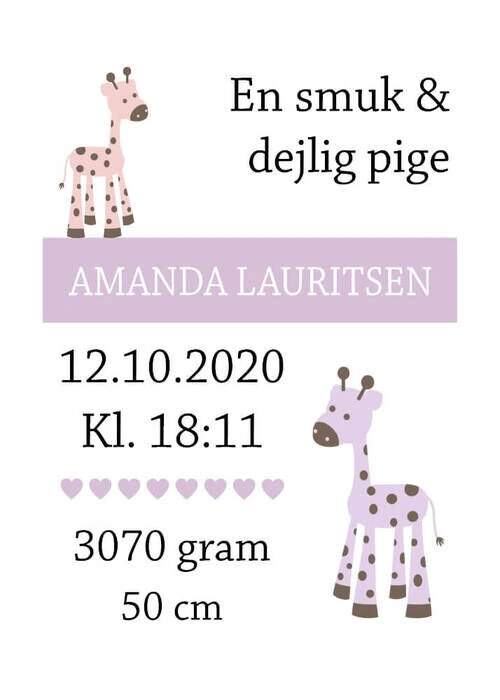 Födelsetavla med giraffer till flickor