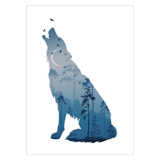 Affisch med unik ritad varg i blå nyanser