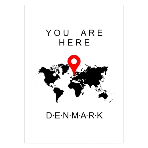 Affisch med Danmarkskarta och röd fläck där du är.