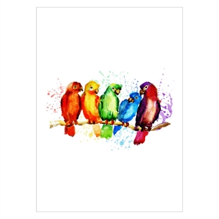 Affisch med färgglada papegojor på gren