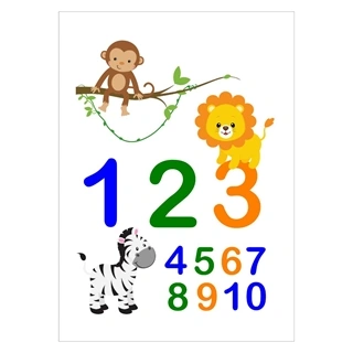 Rolig barnaffisch som lär ditt barn att räkna till 10, med färgglada djur.