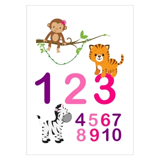 Rolig och målarbarnsaffisch med siffrorna 1-0 och söta djur