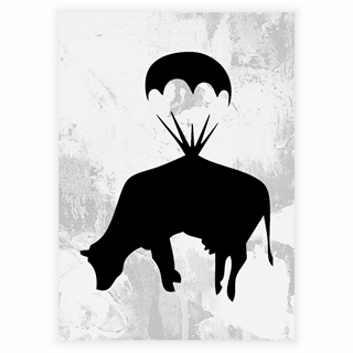 Affisch av en ko i en fallskärm av Banksy