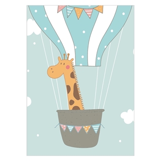Vacker och enkel barnaffisch med motiv av en luftballong och giraff