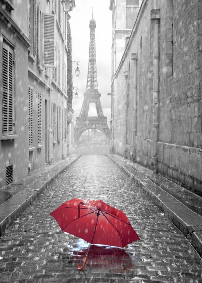 Affischer med Eiffel tower with red umbrella