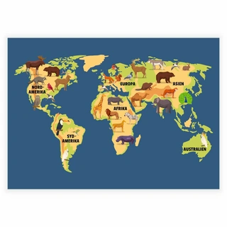 Affisch- Världskarta med djur