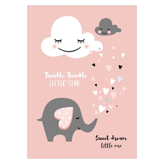 En gullig barnaffisch med moln och en liten gullig elefant i rosa