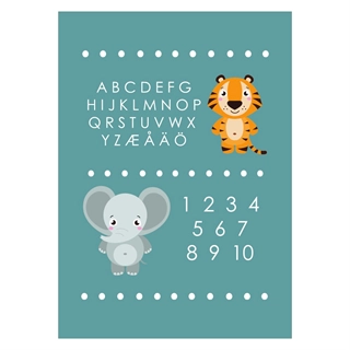 Barnaffisch ABC och nummerplåt med elefant och tiger