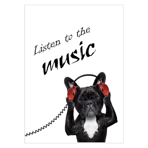 Rolig affisch av hund med hörlurar - lyssna på musiken