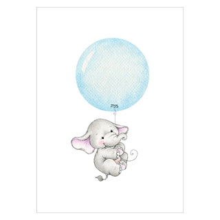 Barnaffisch med en elefant som hänger i en blå ballong
