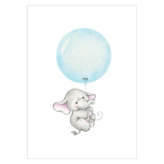 Barnaffisch - Elefant med blå ballong