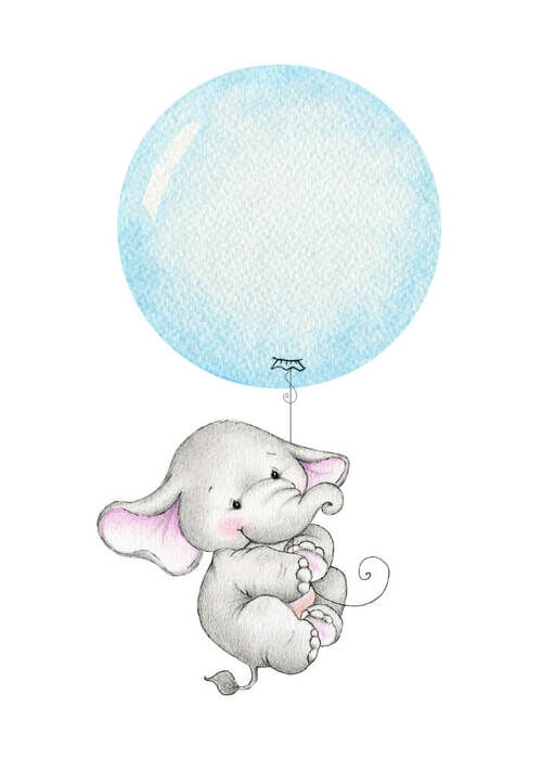 Barnaffisch - Elefant med blå ballong