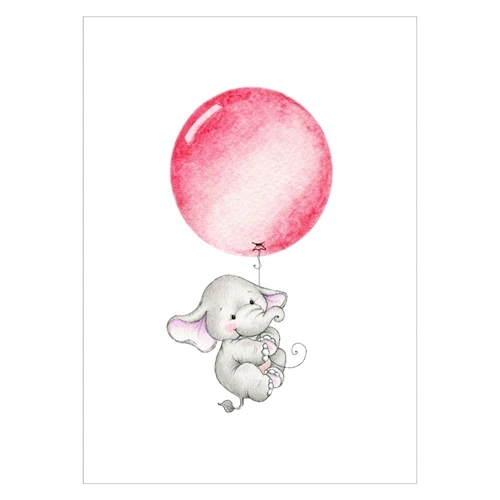 Barnaffisch med gullig elefant som hänger i en rosa ballong