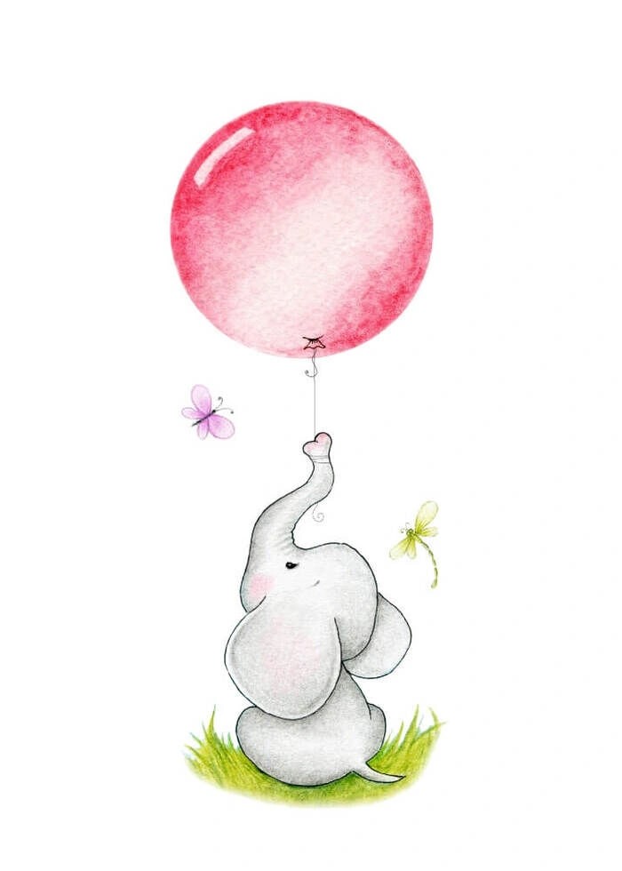 Barnaffisch sitter elefant med rosa ballong