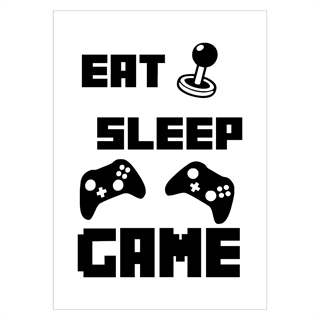 Affisch med texten äta sömnspel och motiv med handkontroll