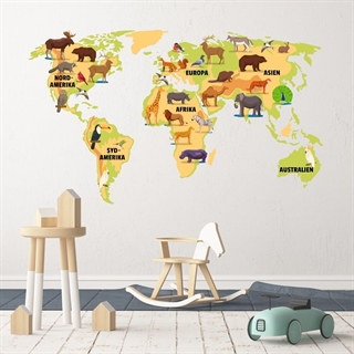 Väggdekor - världskarta med djur