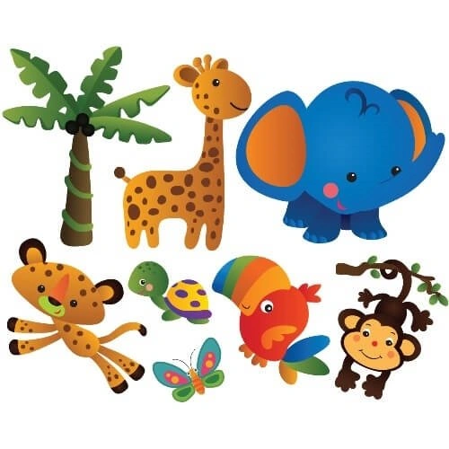 wallstickers med papegoja, apa, giraff, sköldpadda, fjäril, lejon och palmer