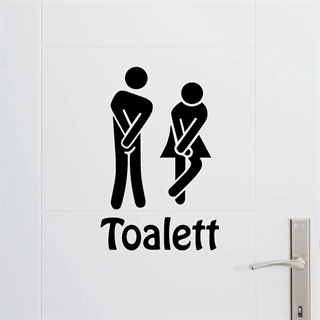 Väggdekaler med text toalett och figurer av en man och en dam som måste kissa