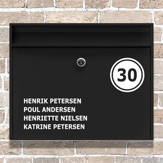 Klistermärken för postlådans namn, cirkel och husnr.