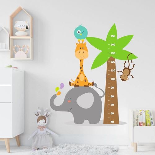 wallsticker höjdmätare med elefant, giraff, apa och en uggla