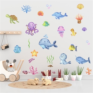 akvarell väggdekaler med djur i havet, växter och musslor